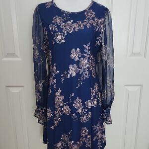 Chic Navy Floral Long Sleeve Dress